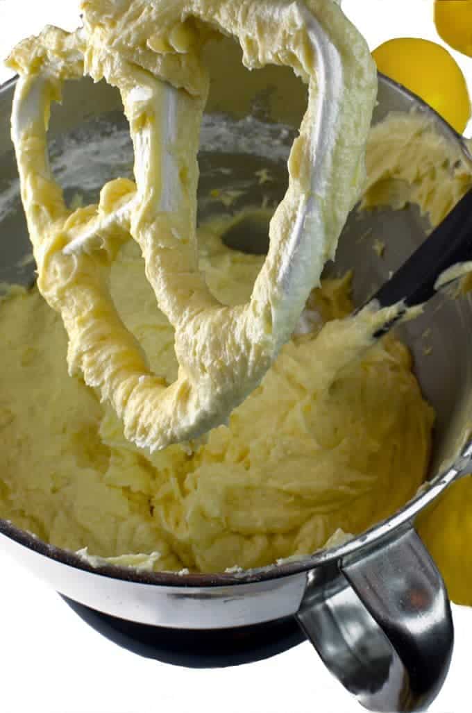 Cake batter in  mixing bowl