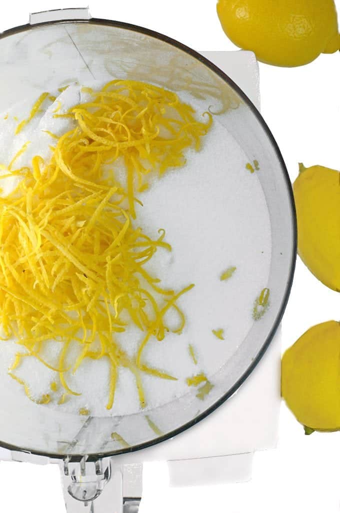 Lemon zest and sugar in a food processor