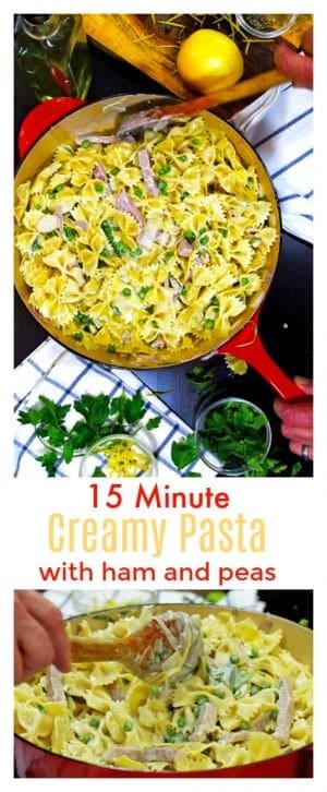 Creamy Pasta with Ham and Peas in red skillet next ingredients on towel