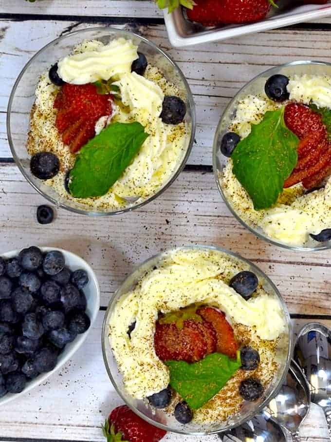 A bunch of food on a plate, with Mousse and Mascarpone