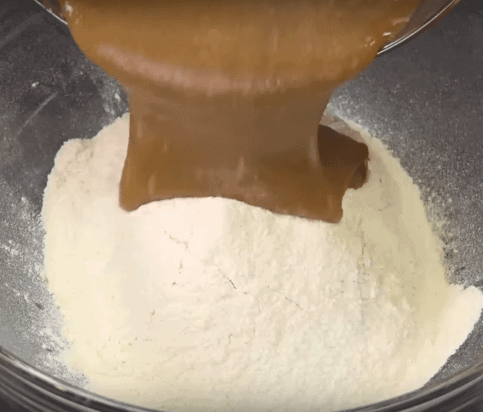 Adding batter to flour 