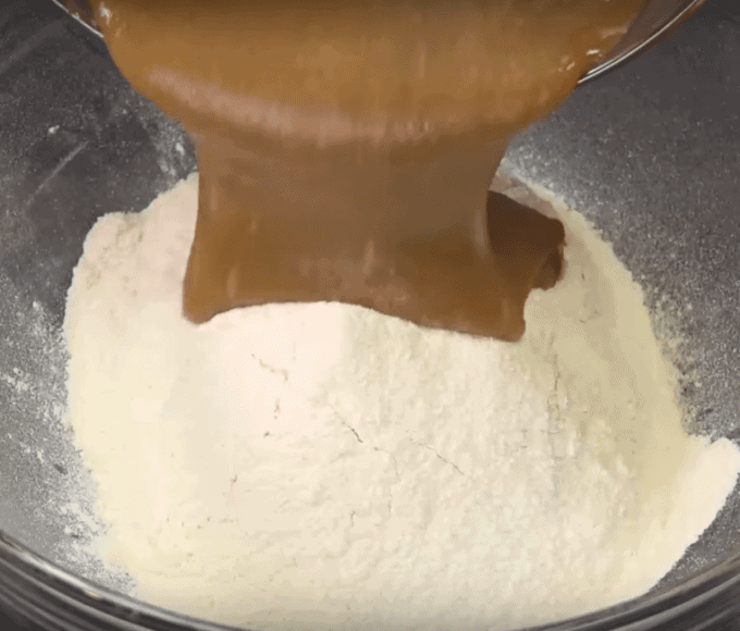 Adding batter to flour