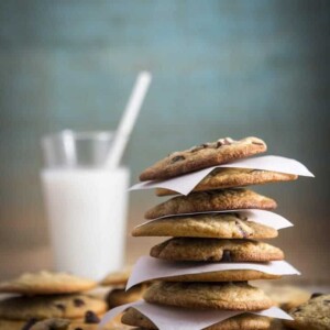 Tall stack of chocolate chip cookies