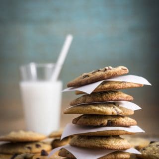 Tall stack of chocolate chip cookies