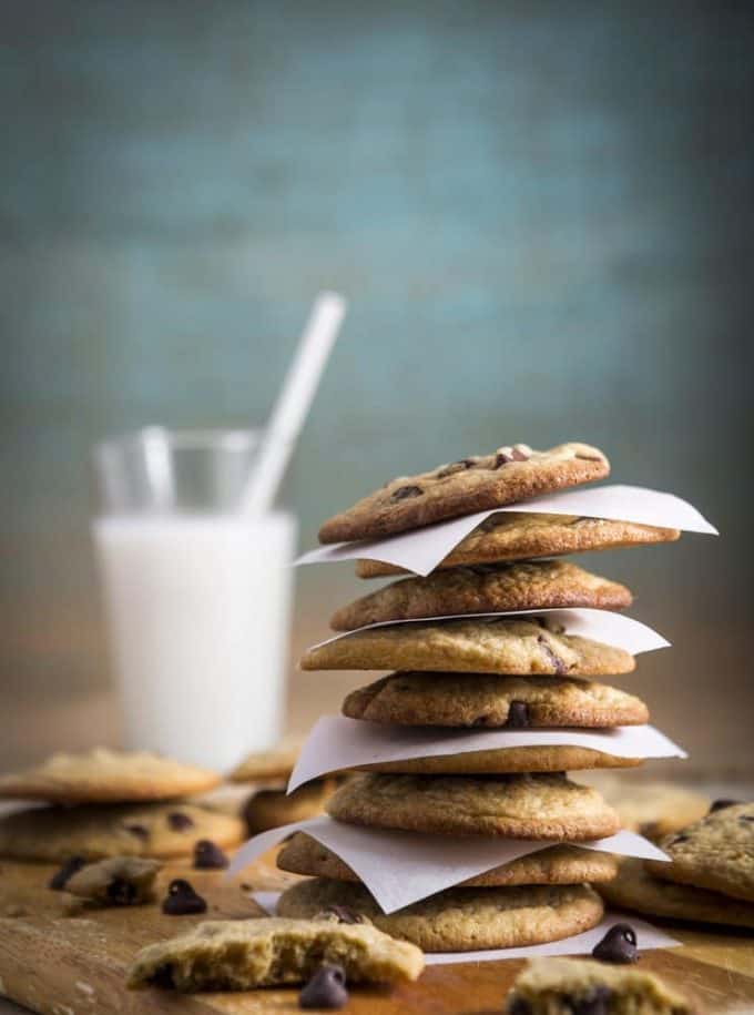 Tall stack of chocolate chip cookies