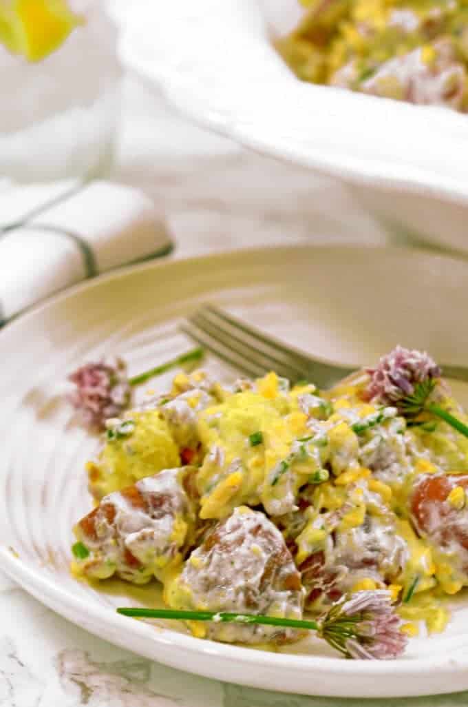 Bacon Ranch Potato Salad on plate with fork