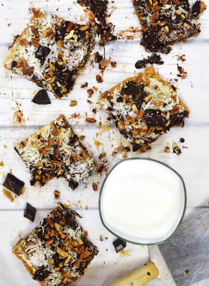 Magic cookie bar with mild on table