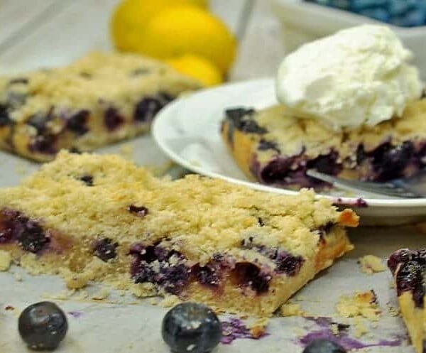 A piece of blueberry pie bar with ice cream on plate and on board