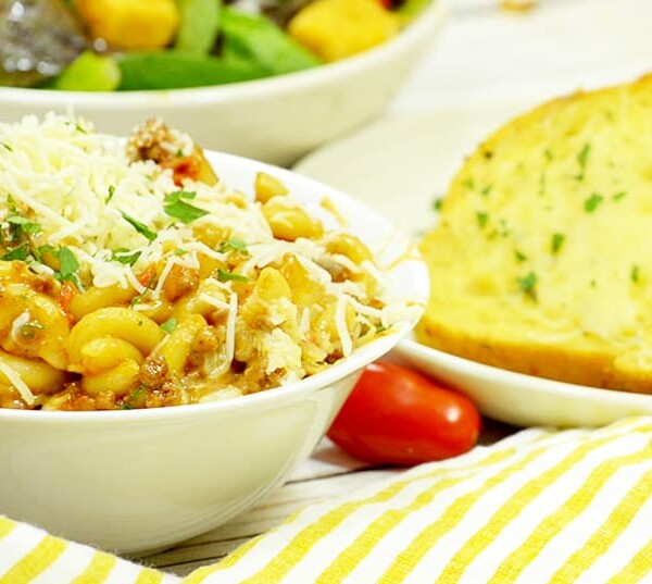 Sloppy Joe Mac and Cheese Recipe tastes great with garlic bread.