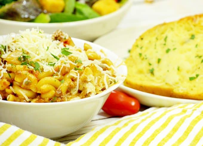 Sloppy Joe Mac and Cheese Recipe tastes great with garlic bread.