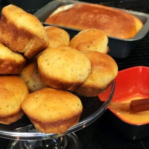 Muffins in pan and on serving platter