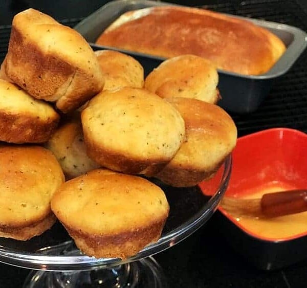 Muffins in pan and on serving platter