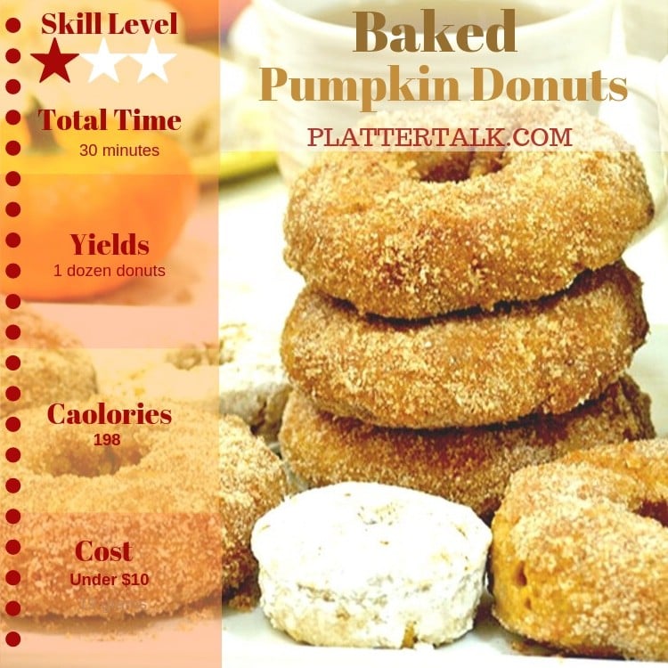 Stack of pumpkin donuts with recipe information listed.
