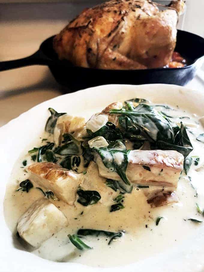 A plate of food, with Parsnip and Spinach