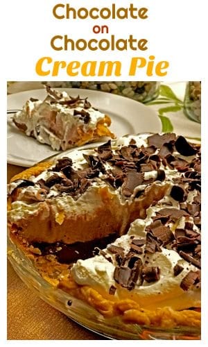 Serving chocolate cream pie on plate, main pie with whipped cream and chocolate ribbons