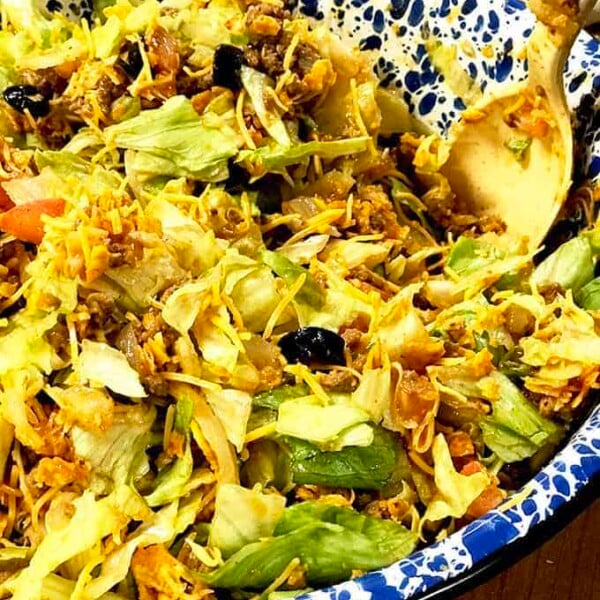 Close up dish of taco salad on table