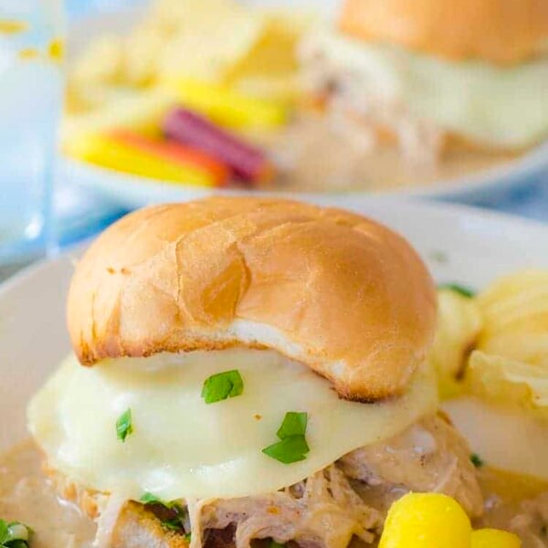 Two plated toasted sandwich loaded with creamy turkey, cheese; chips and veggies on side