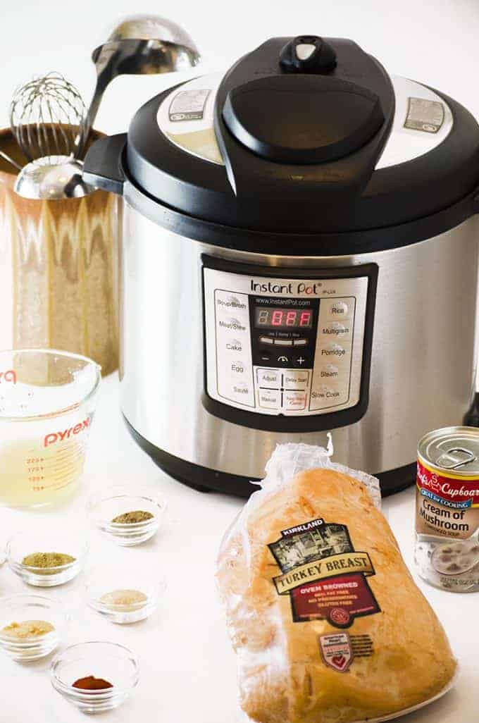 Close up, instant pot with foreground counter holding stock, turkey, spices and canned soup