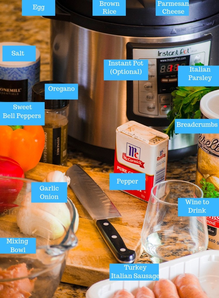 Ingredients and supplies for stuffed bell peppers.