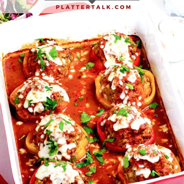 A baking dish with stuffed pepper rings