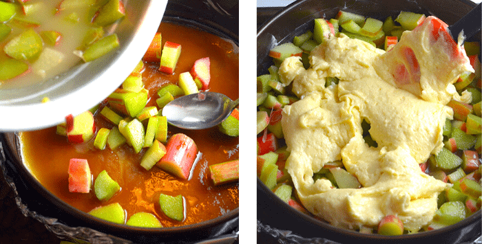 Spreading cake batter over rhubarb chunks in a cake pan.