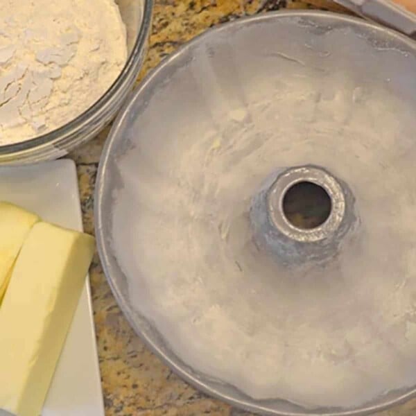 Greased and floured bundt cake pan.