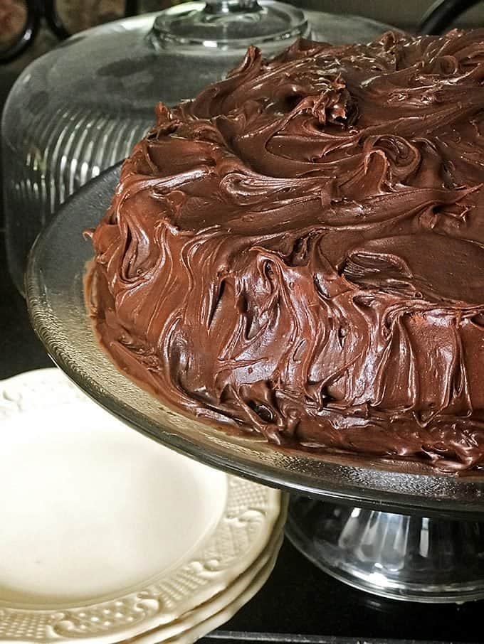A close up of a chocolate cake on a plate