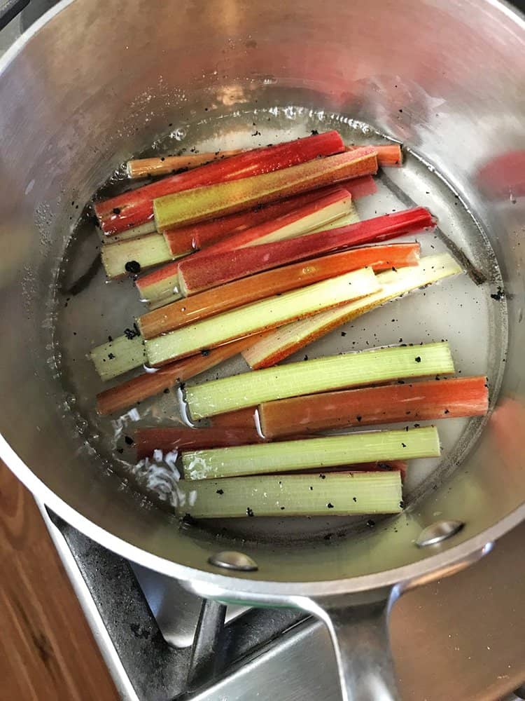 Poach the rhubarb until tender for this pound cake recipe.