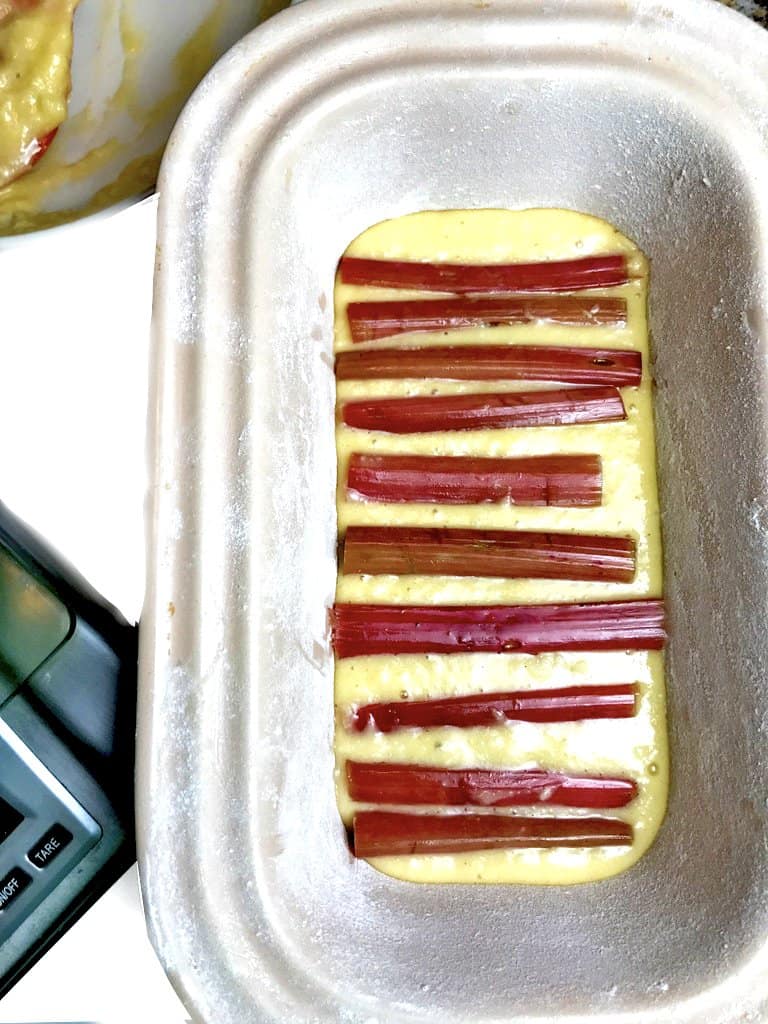 Add rhubarb to the first layer of this vanilla pound cake.