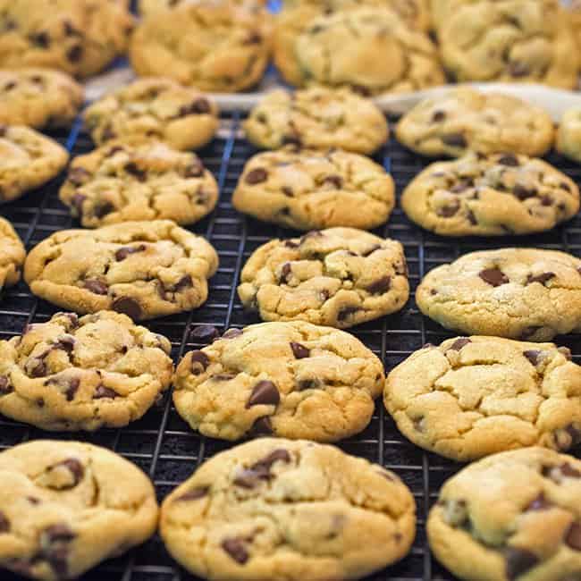 Chocolate chips cookies on cooling rack