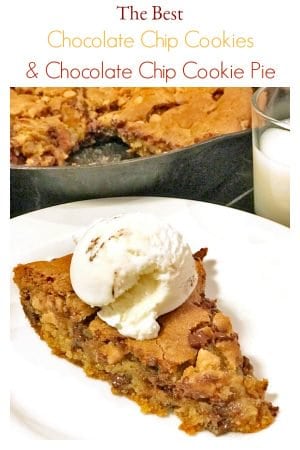 Cake pan of chocolate chip cookies with wedge and ice cream on plate