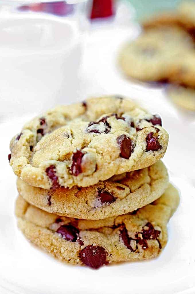 Chocolate chip cookies stacked on plate