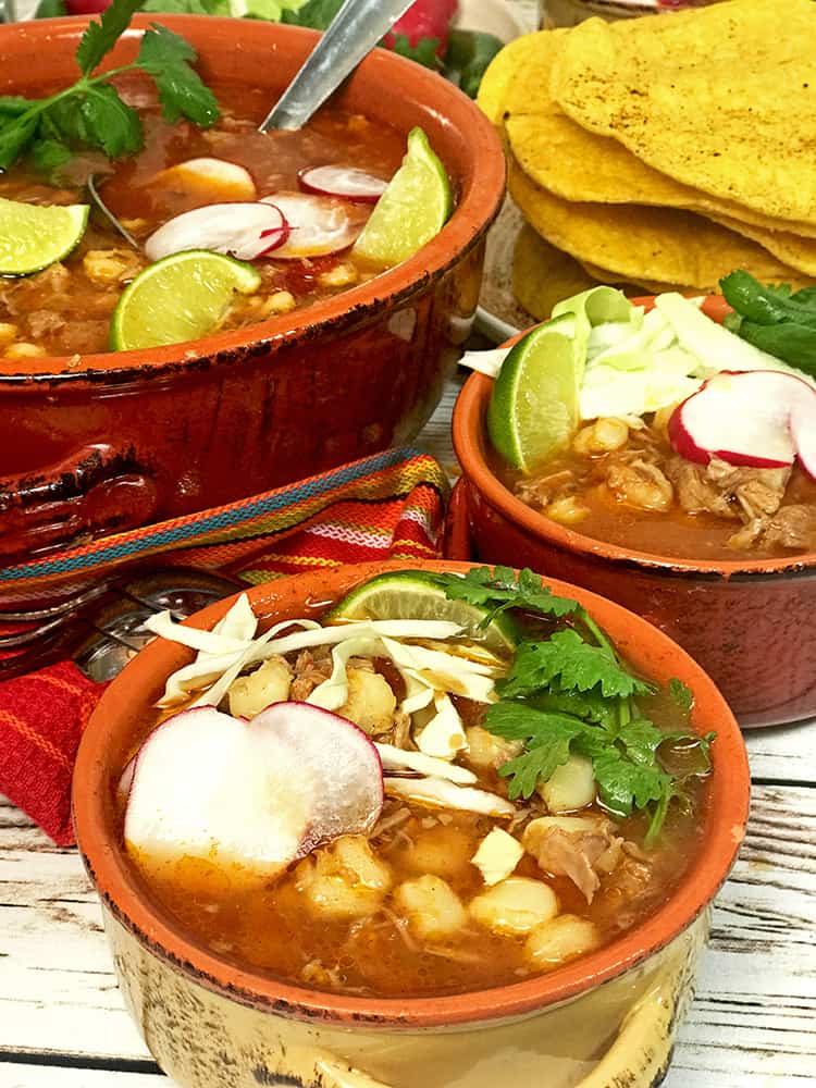 Large Posole bowl and 2 individual bowls with whole corn tortilla in back