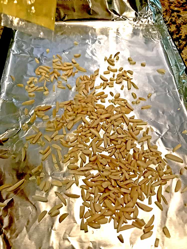 slivered almonds on a baking tray.