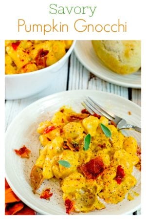 This savory gnocchi recipe from Platter Talk features pumpkin, prosciutto, and chicken. It can be made in 30 minutes and costs just $2.00 per serving! Try this wonderful fall dinner soon. #PumpkinWeek