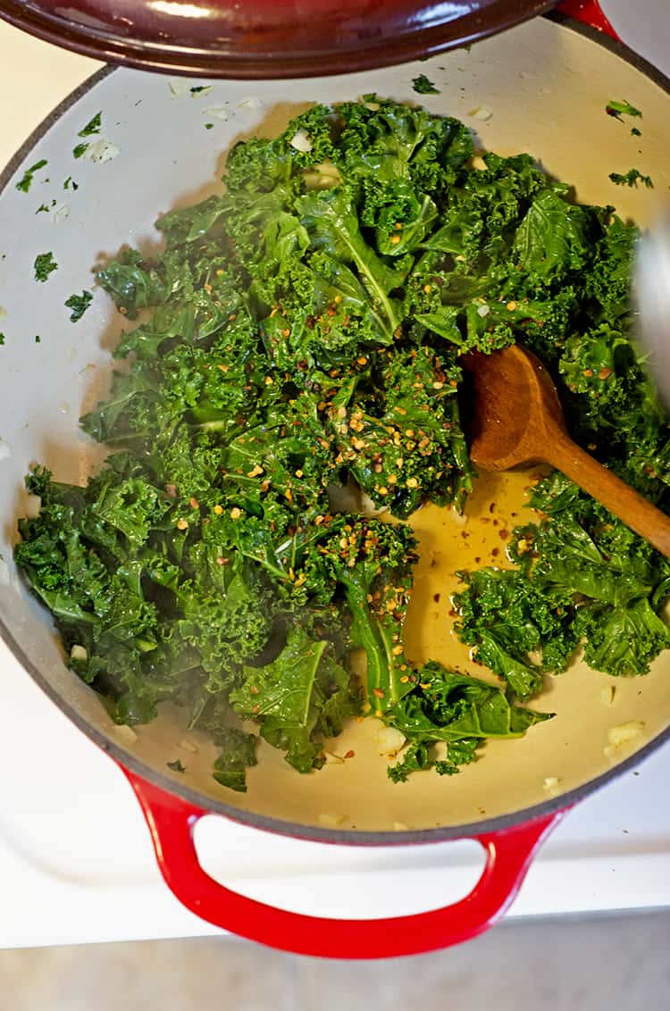 Making steamed kale.