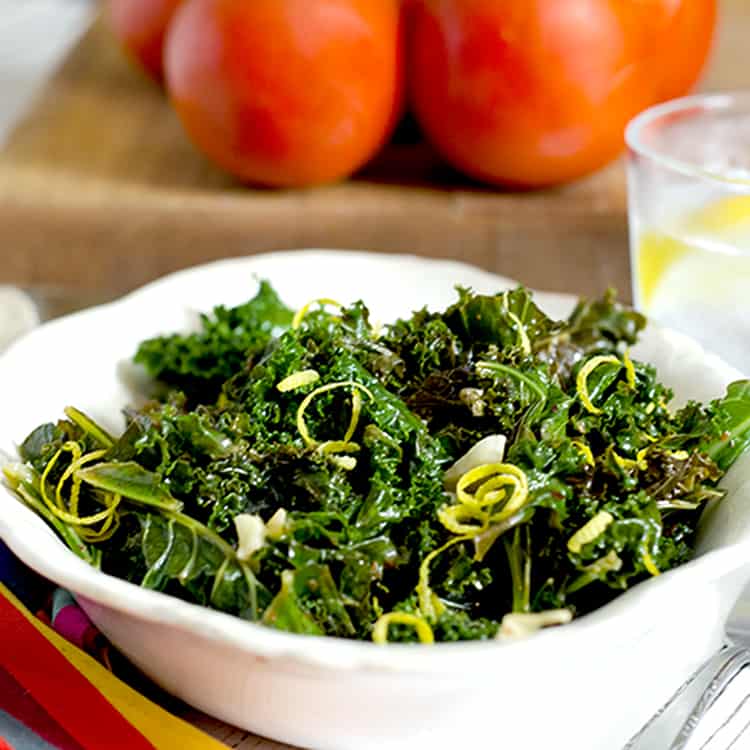 Steamed kale lunch with lemon water.