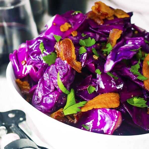 Bowl of purple cabbabge stir fry.