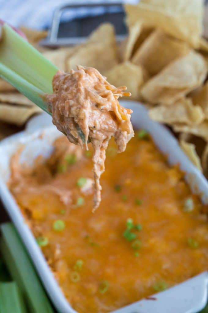 Dollop of Buffalo wing dip on a stalk of celery.