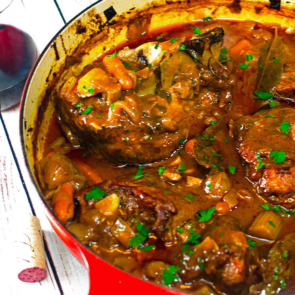 Pork vegetable stew in cooking vessel