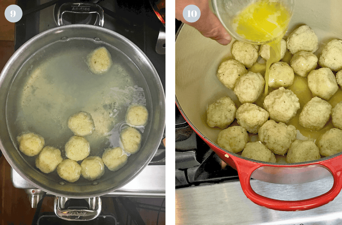 Pot of boiling water with potato dumplings.