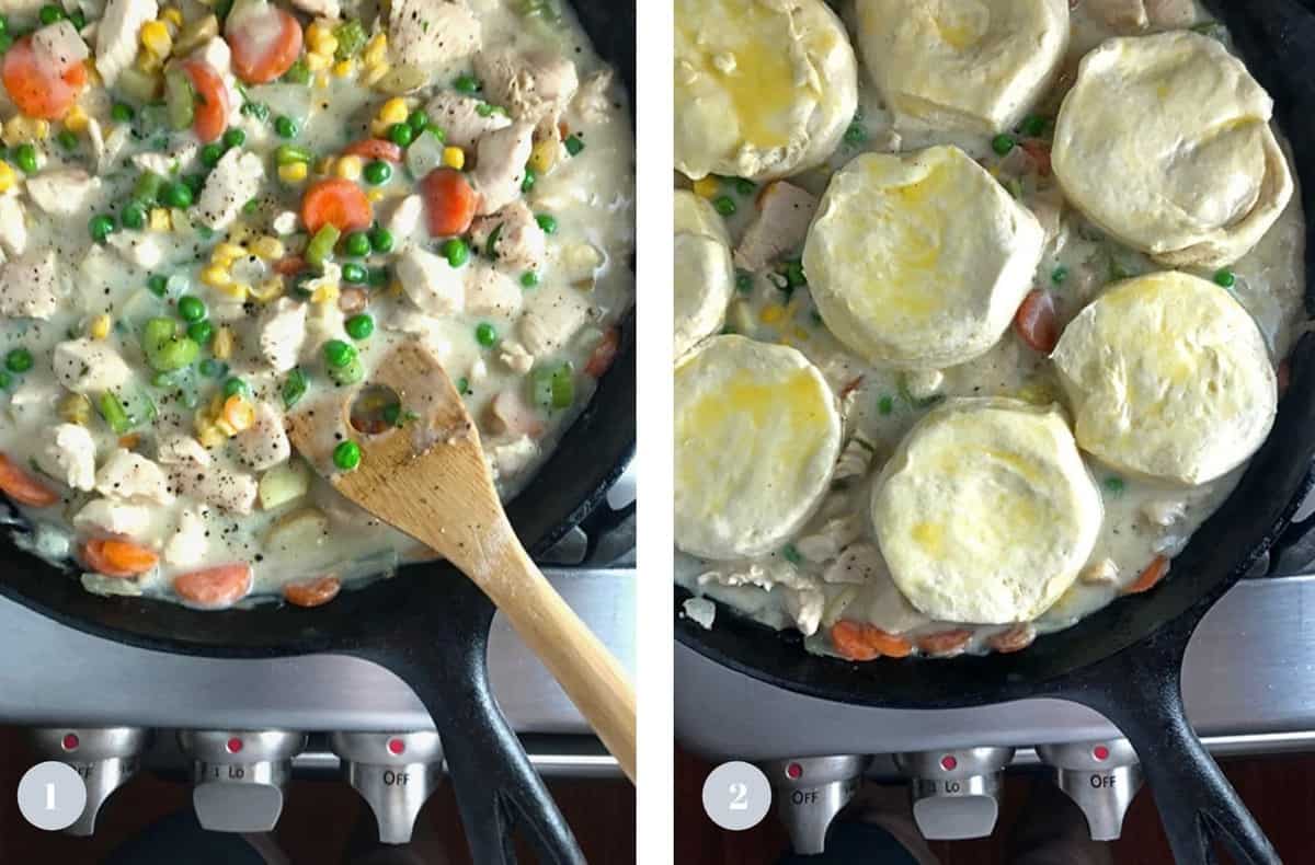 cast-iron skillet with chicken and bisucits