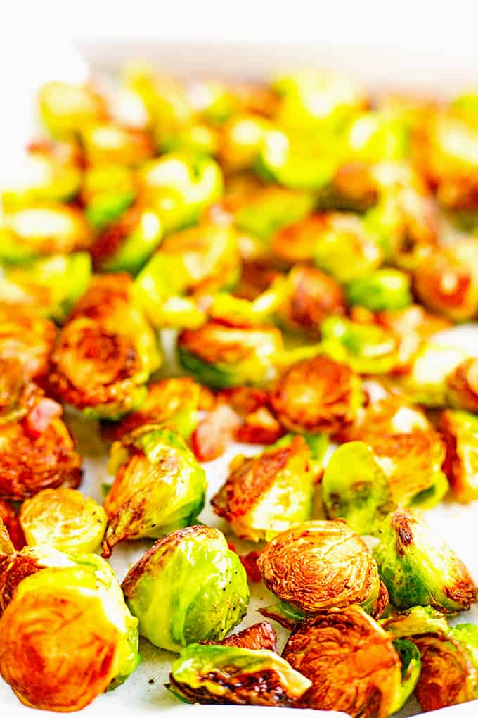 A close up of food, with Brussels sprouts