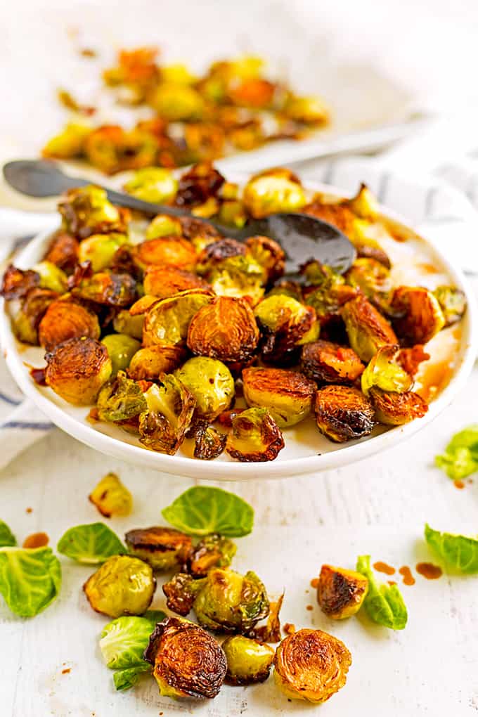 A plate full of food, with Brussels sprouts