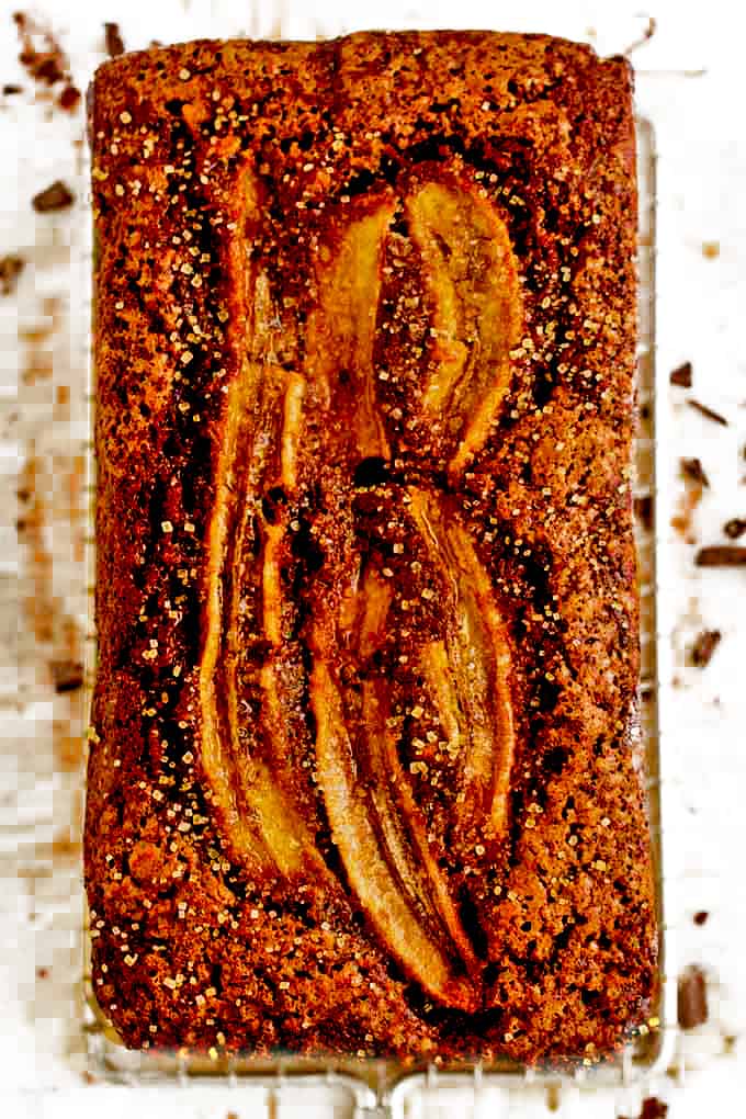 Overhead view of a loaf of chocolate banana bread