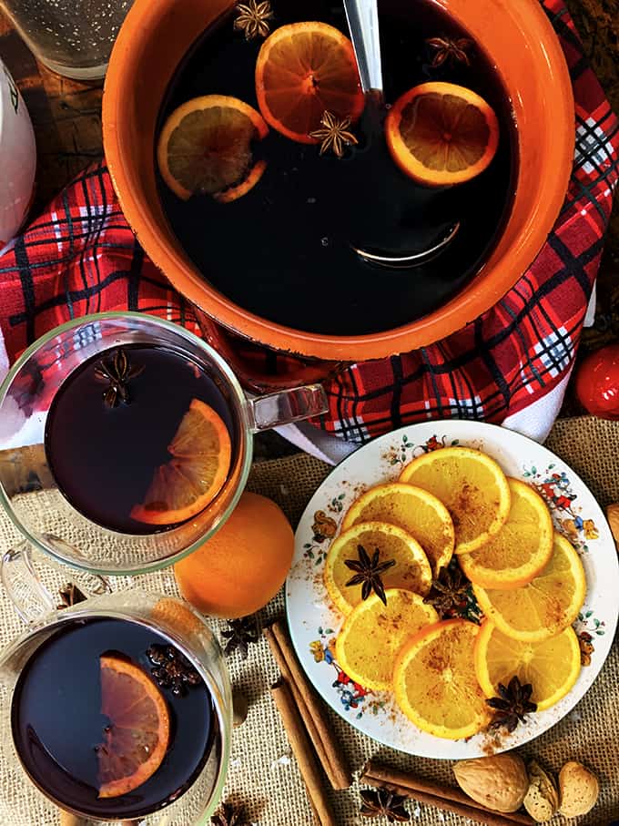 Overhead view of mulled sangria with orange slices