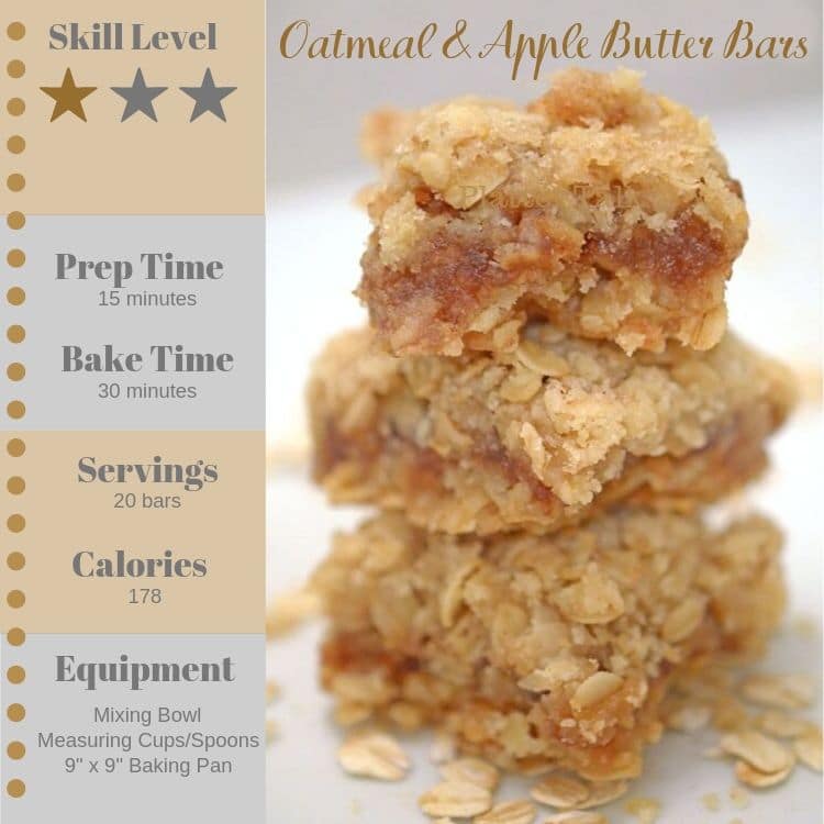 Stack of oatmeal bars with recipe information