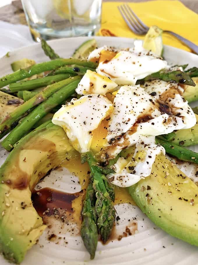 Egg and avocado salad with baby asparagus.