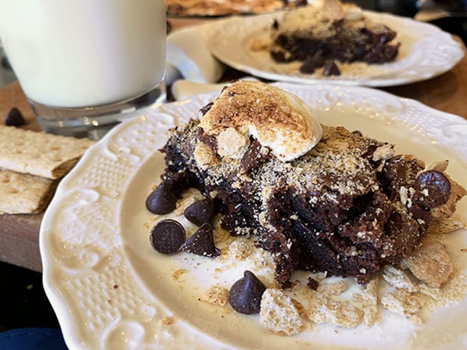 Serving of smores brownies with milk.