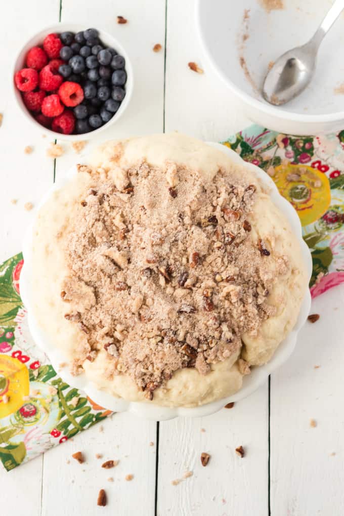 A plate of unbaked coffee cake